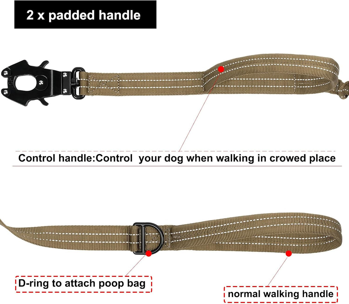 Tactical Dog Leash with Quick-Release Metal Clasp - 6 FT / Reflective Brown - image 4