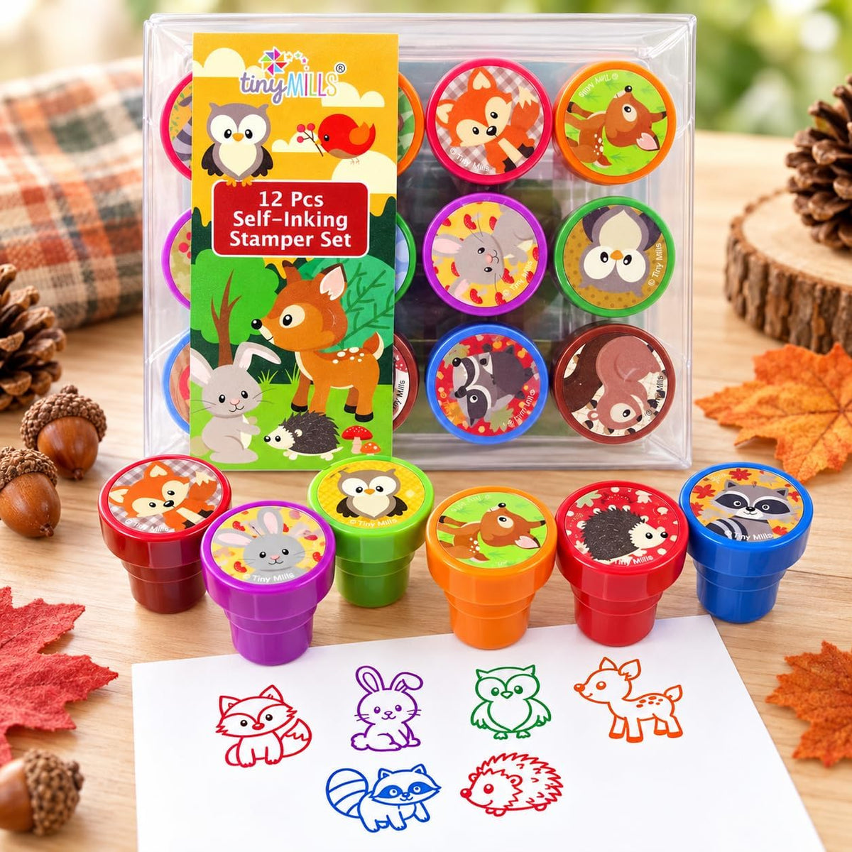 TINYMILLS woodland animal self-inking stamps for kids, 12 piece set in clear box - view 2
