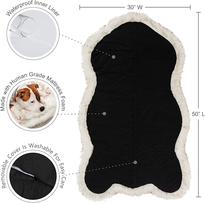 IHAPPYDOG Luxury Faux Fur Orthopedic Dog Bed, Memory Foam Dog Bed for Small, Medium, Large and XL Pets, Fluffy Pet Bed with Waterproof and Washable Cover (White w/Brown Tips, 50"x30")