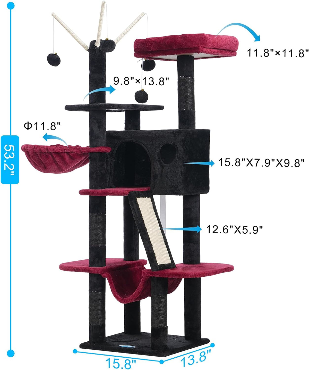 Hey-brother Cat Tree Tower with Padded Platform Bed, Hammock - 53 Inch / Black and Red - image 3