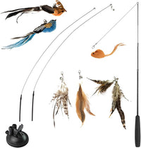 Interactive Bird Simulation Cat Feather Toy Set Cat Retractable Wand Toys Suction Cups Base,Include Detachable 7 Pcs Replacements Feathers Toys