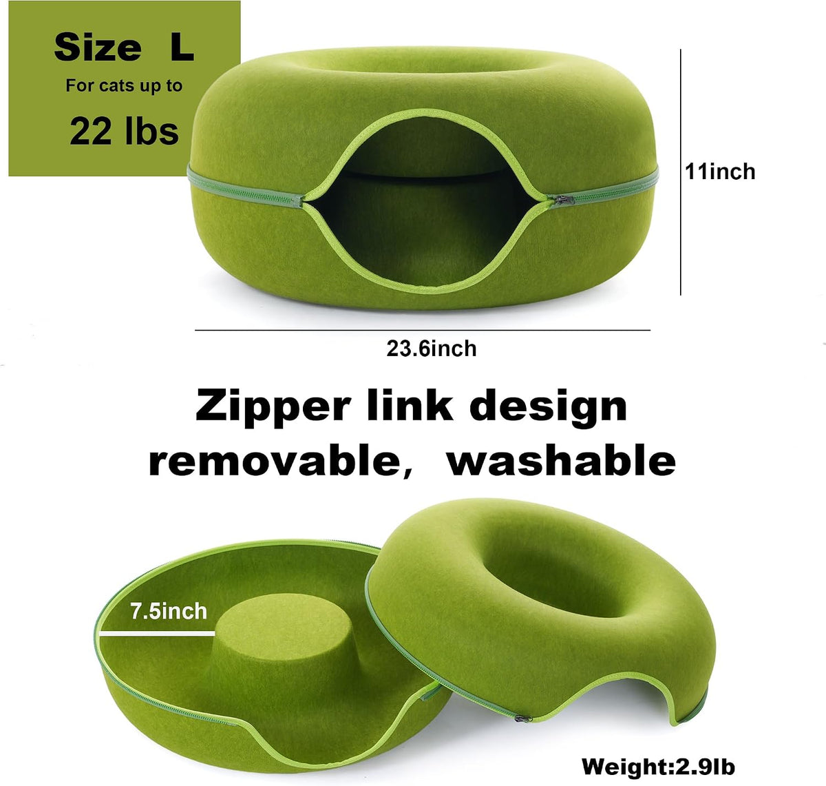 Large Cat Tunnel Bed for Indoor Cats with 3 Toys - L(24x24x11) / Green - image 4