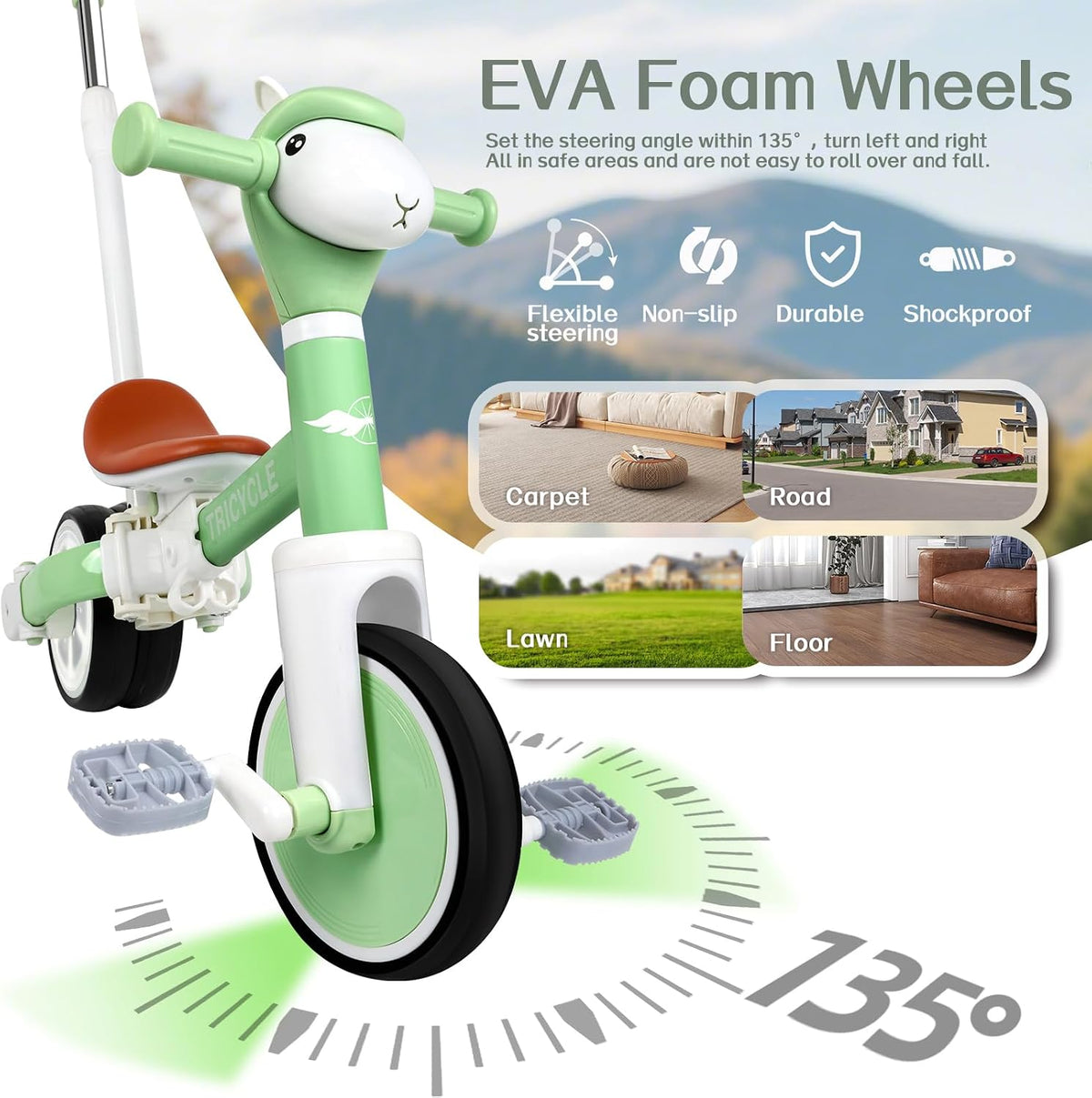 Tricycle for Kids 1-3 Year Olds - Green Flash Wheel - image 3
