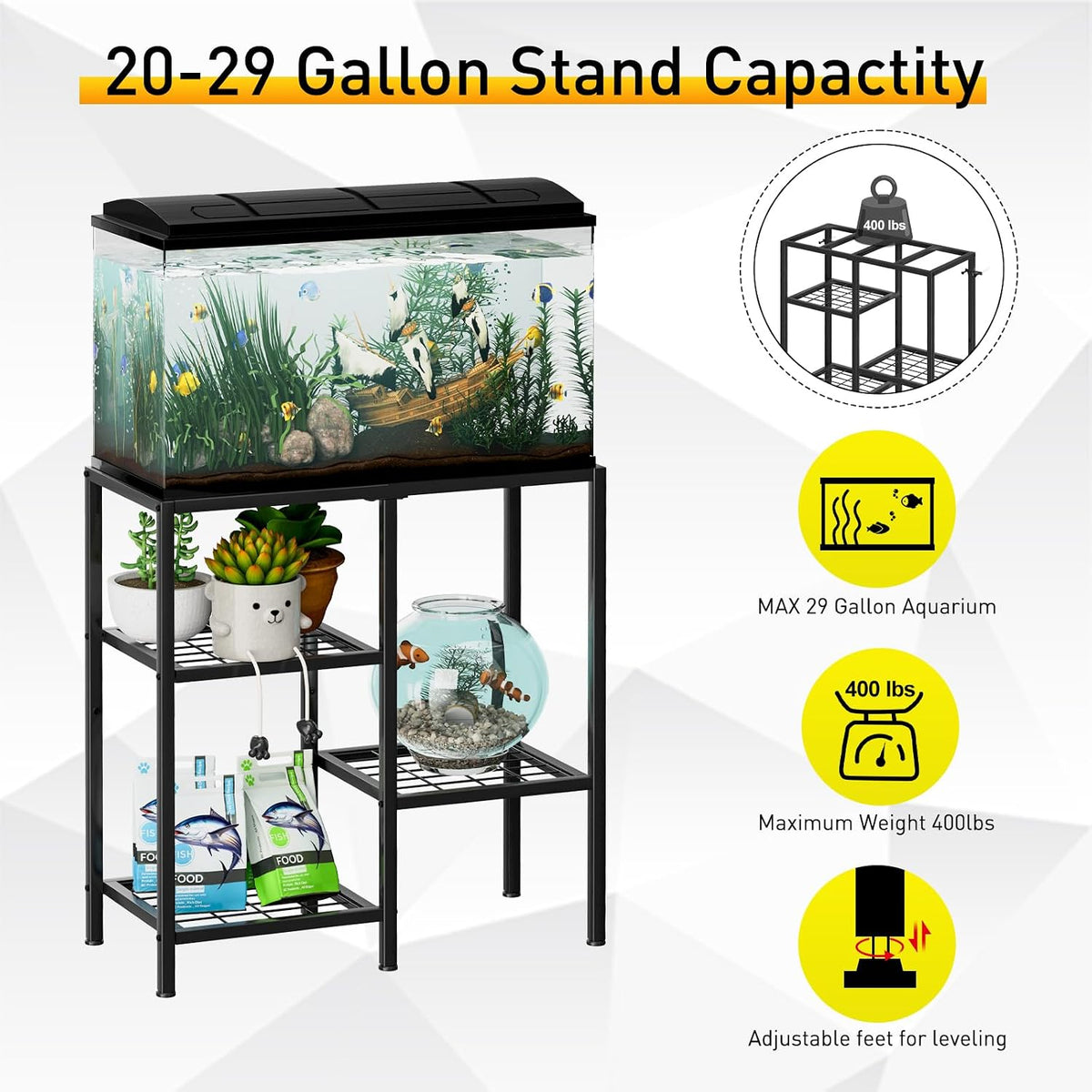 Two-tier metal aquarium stand for 10, 20 and 29 gallon tanks with adjustable anti-slip feet - view 2