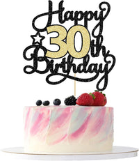 1Pc Happy 80th Birthday Cake Topper Black Gold Glitter Cheers to 80 - 30th