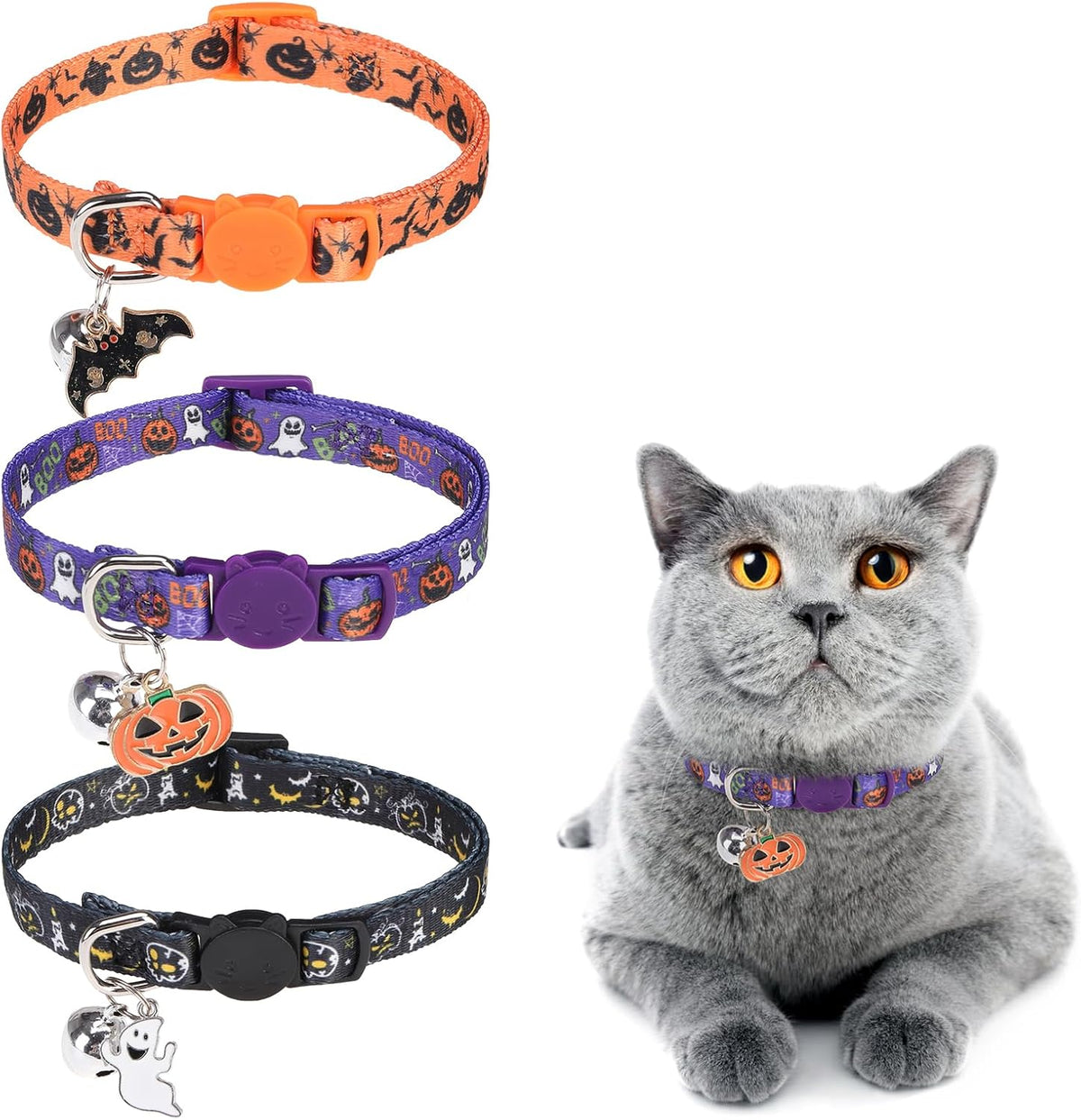 Cat Collar Breakaway, Soft Kitten Collar with Bell, Daisy - Halloween (Pack of 3)