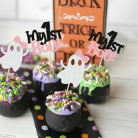 Ephlyn 24 white glitter ghost cupcake toppers for Halloween desserts - view 28