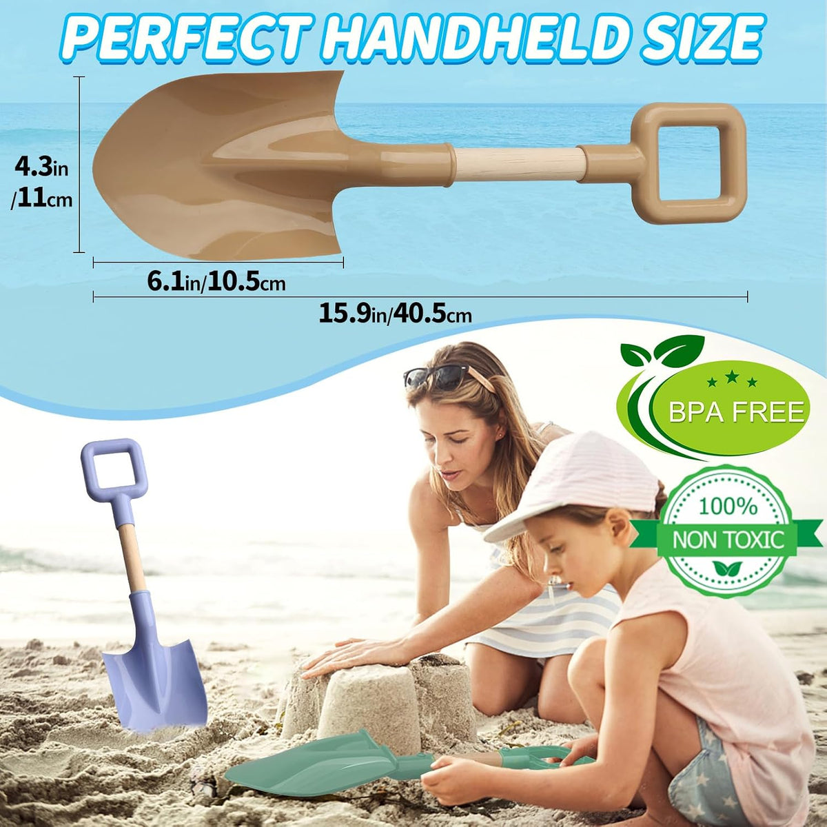 Amarlozn 16 inch kids beach sand shovels with long wooden handles, avocado color set of 3 - view 5