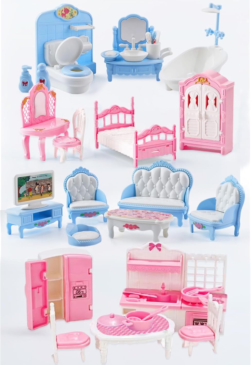Thildani 35-piece pink and white dollhouse furniture set for bedroom, bathroom, living room and kitc - view 3