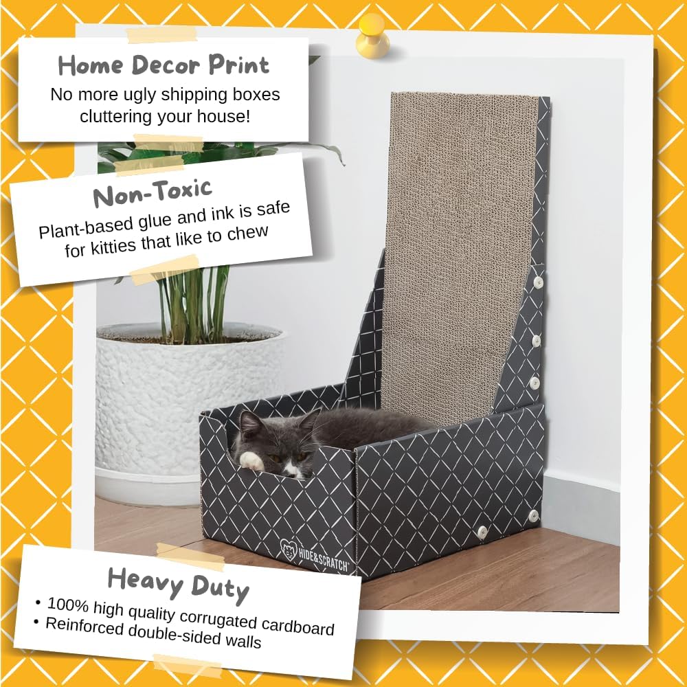 Hide & Scratch Cardboard Cat Scratcher Box & Bed Dark Grey Diamond Pad – Essentials for Cats - Dark Grey L-Shaped - image 4