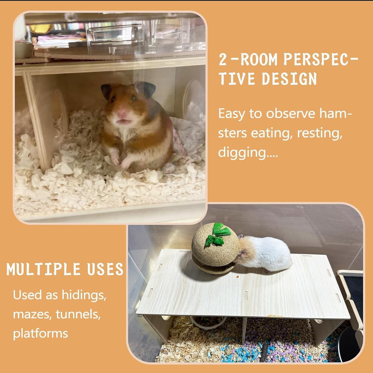 Wooden Hamsters 2-Chamber Hideout-Tunnel Multi Chamber Exploring Toy - XL - image 4