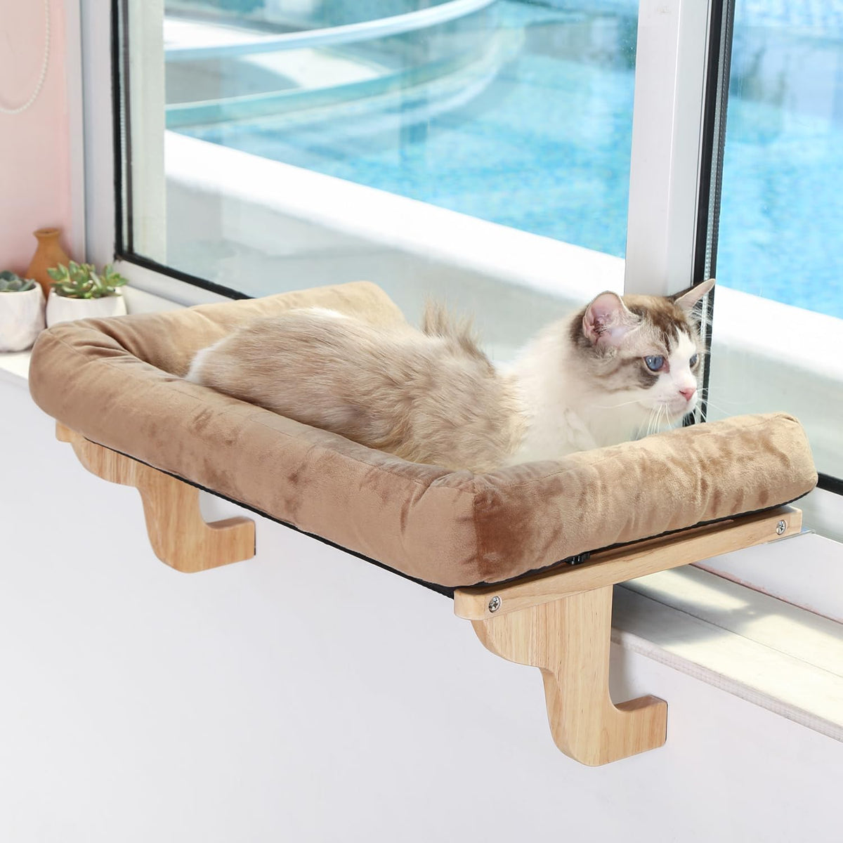 Zakkart Cat Perch for Windowsill with Bolsters – Essentials for Cats - Natural Color Wood with Brown Bed / 24''L x 15''W