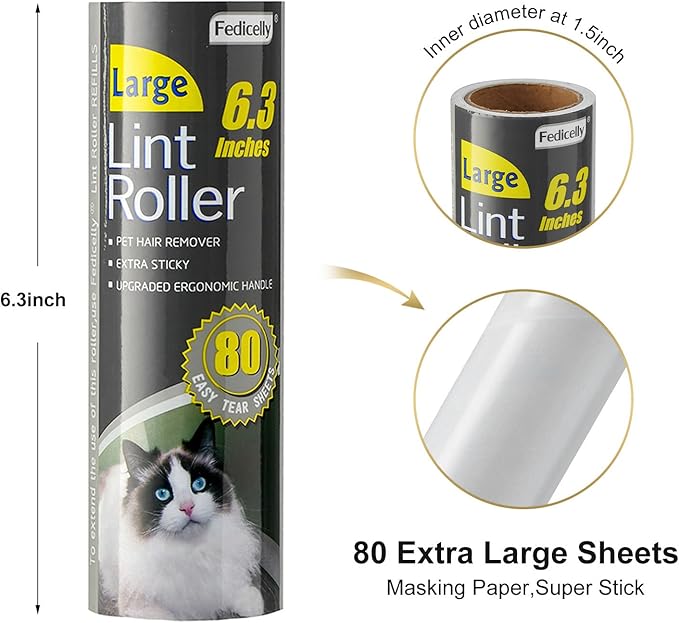 Fedicelly Lint Rollers Pet Hair Extra Sticky Furniture,Cat Dog Hair Remover Laundry Clothes Carpet, 6.3 inches Wider with 320 Sheets Large Lint Remover Brush for Couch
