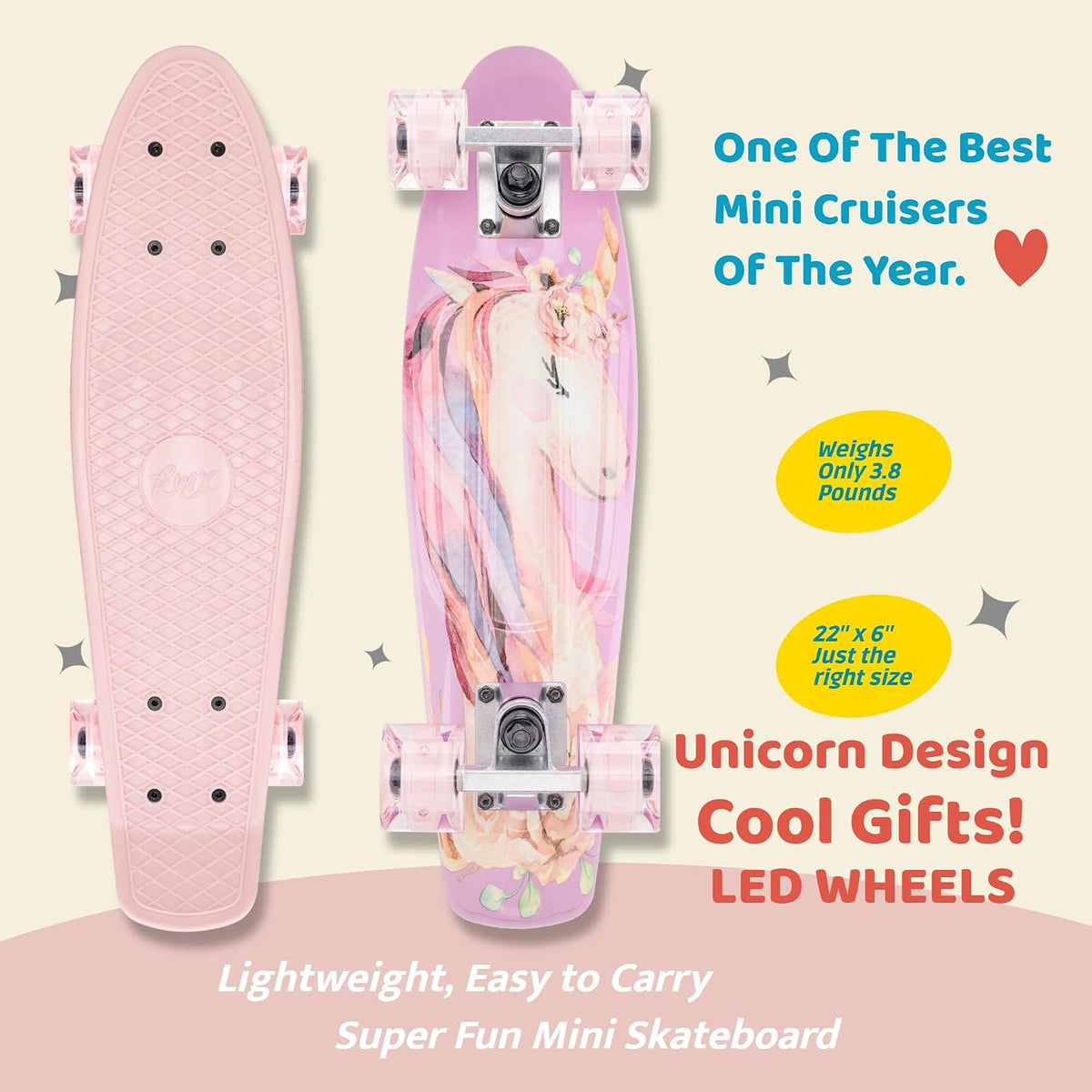 KMX Classic Retro Mini Cruiser Skateboard 22" & 27" for Boys Girls - Pink Unicorn LED / 22" - image 4