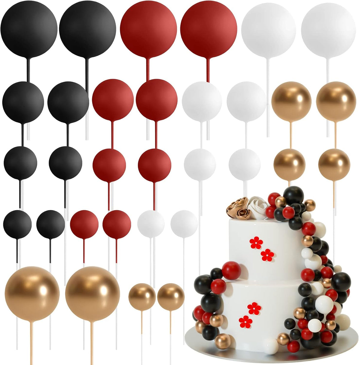 ASTARON 32 Pcs Foam Balls Cake Topper Decorations for Party Cake - Red,black
