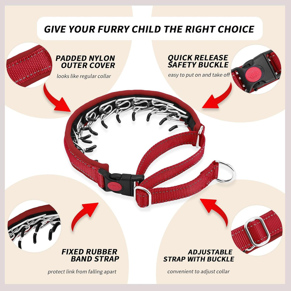 Anglevate red martingale no-pull dog collar with stainless steel chain and reflective strips - view 3
