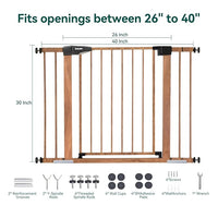 Mom's Choice Award Winner-BABELIO 26-40 Inch Metal Baby Gate with Wood Pattern, Easy Install Pressure Mounted Dog Gate, Ideal for Stairs and Doorways, with Wall Protectors and Extension Kits
