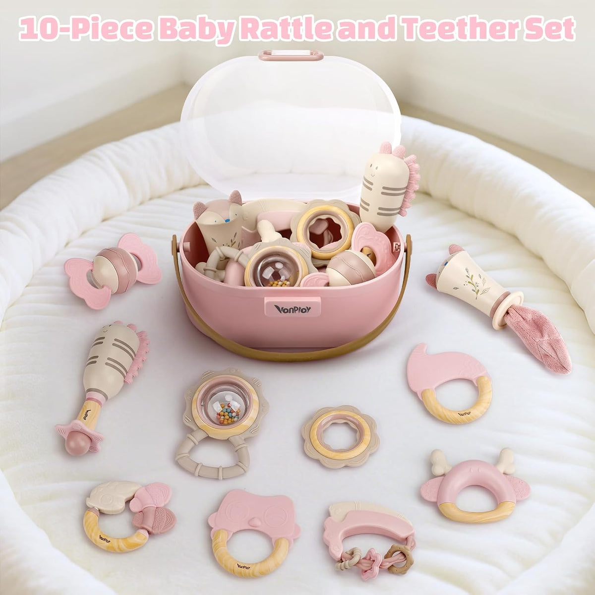 Baby Rattles & Teethers Set, Baby Toys 0-6 Months - 10 PCS(PINK) - image 2