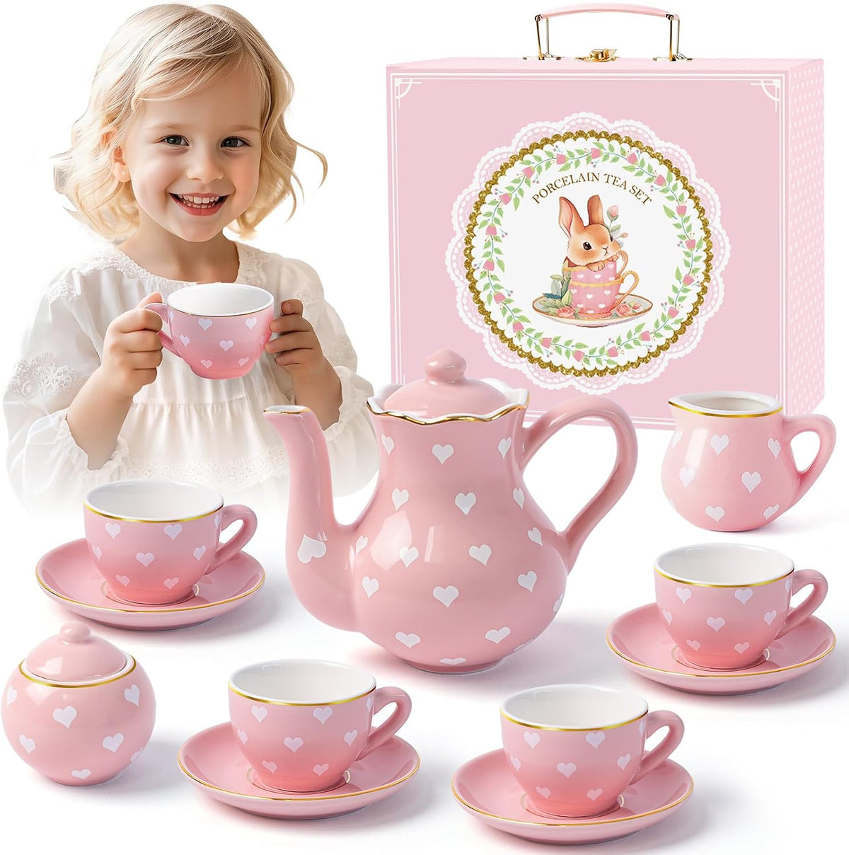 TUZT Tea Party Set for Little Girls Ages 3-8 - Pink Heart