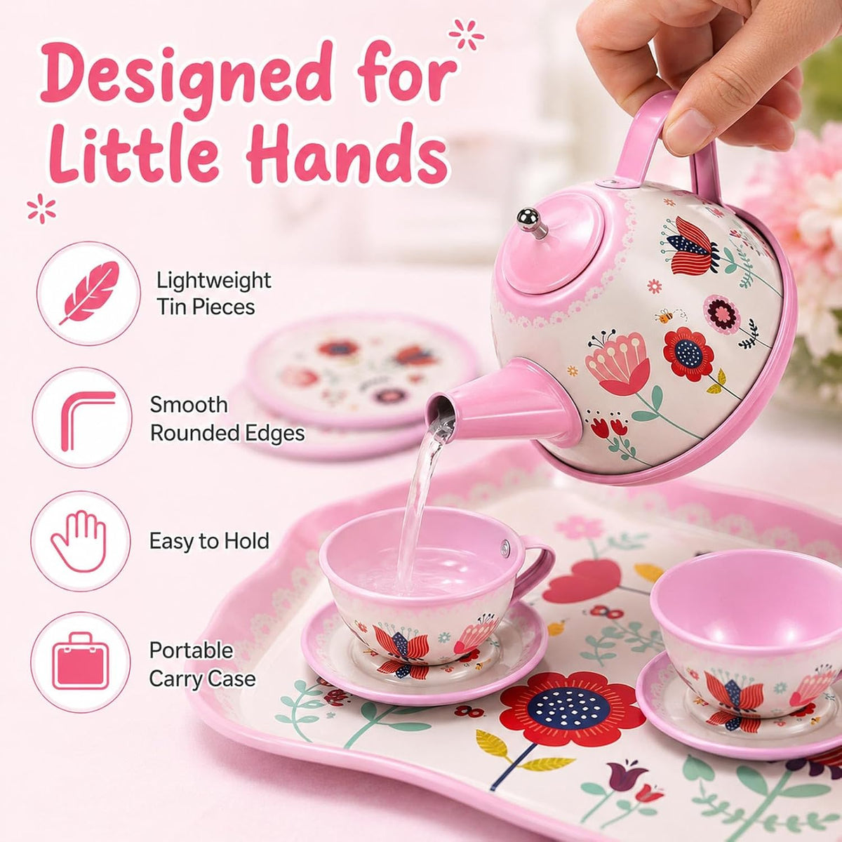 Lajeje Pretend Play Tea Set for Little Girls Ages 3-8 - Flower Tin Teapot Set - image 3