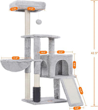 Heybly Cat Tree with Cat Self Groomer Brush, Cat Tower Condo for Indoor Cats with Padded Plush Perch, Cat House with Basket Scratching Board Post, Light Gray HCT005SW