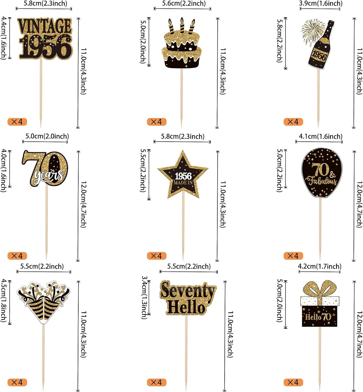 36PCS Happy 80th Birthday Cupcake Toppers Double Sided Black Gold - Vintage / 70th - image 2