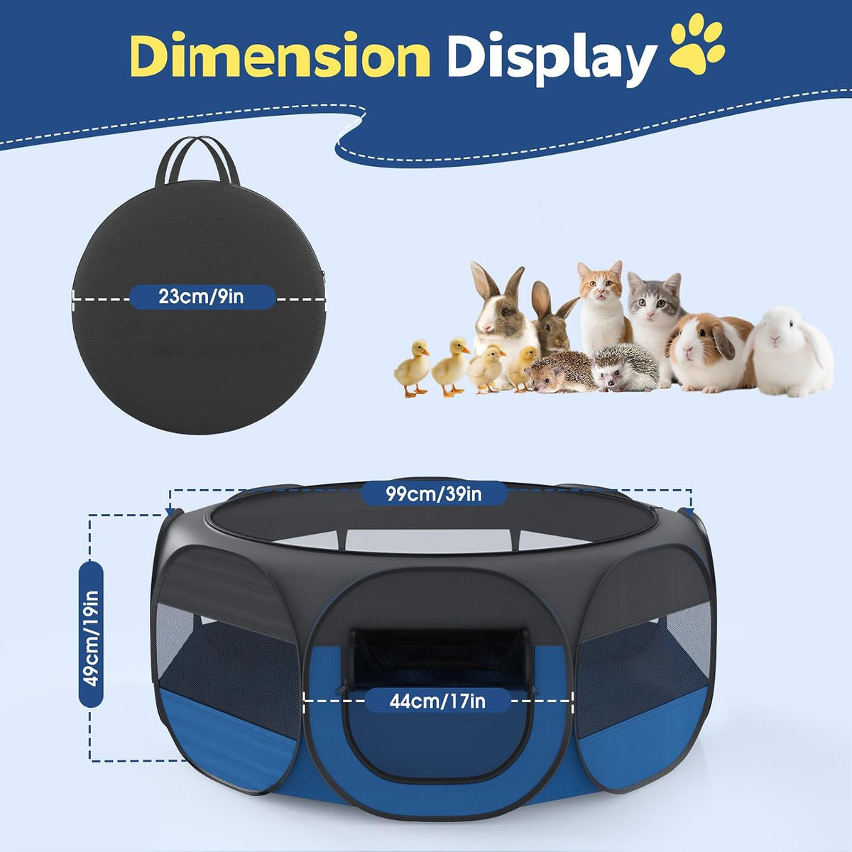 Small Animals Playpen, Waterproof Pet Tent with Zippered Top - Black + Blue - image 2