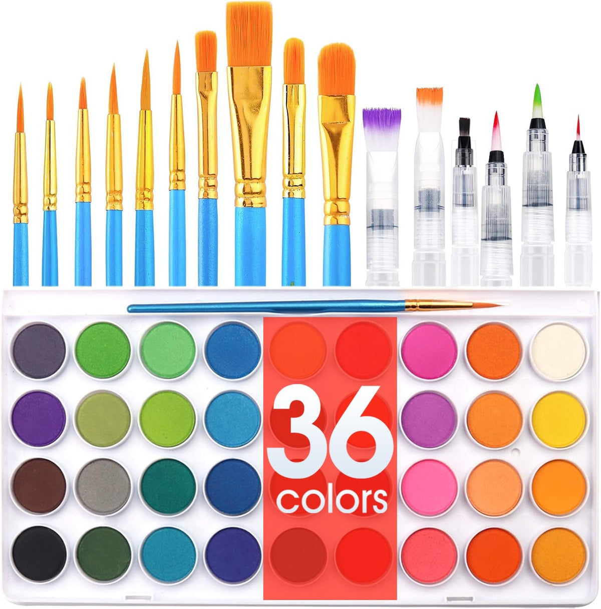 AROIC Watercolor Paint Set - 36 Watercolors + 16 Brushes