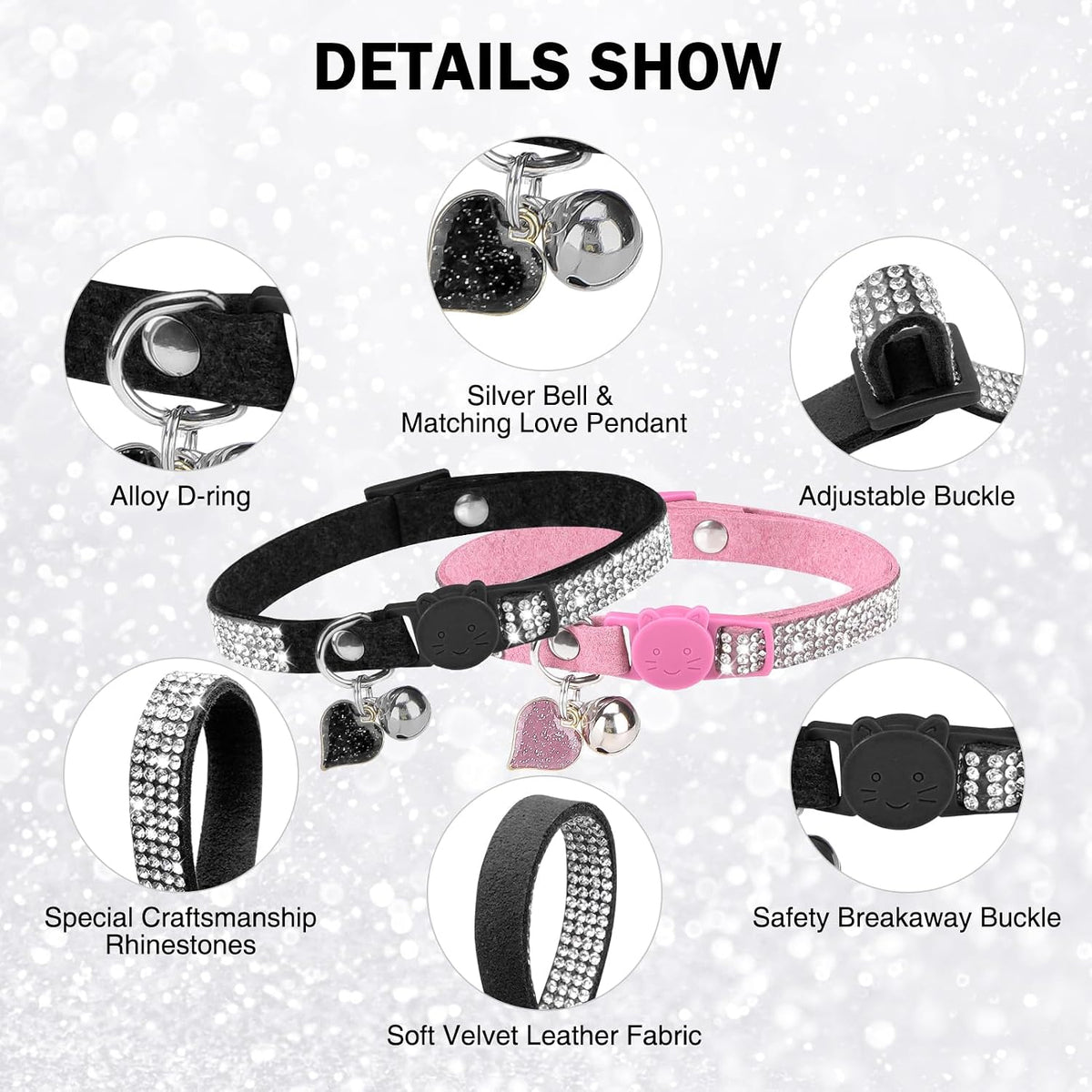 Rhinestone Cat Collar Breakaway, Bling Sparkly Diamond - Pink + Black / 7"-9" For Cats - image 2