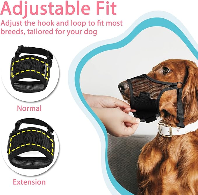 LUCKYPAW Dog Muzzle, Mesh Muzzle for Large Medium Small Dogs, Soft Mouth Guard for Biting Chewing, Breathable Mouth Cover with Adjustable Hook and Loop for Training, Grooming(Black, XS)