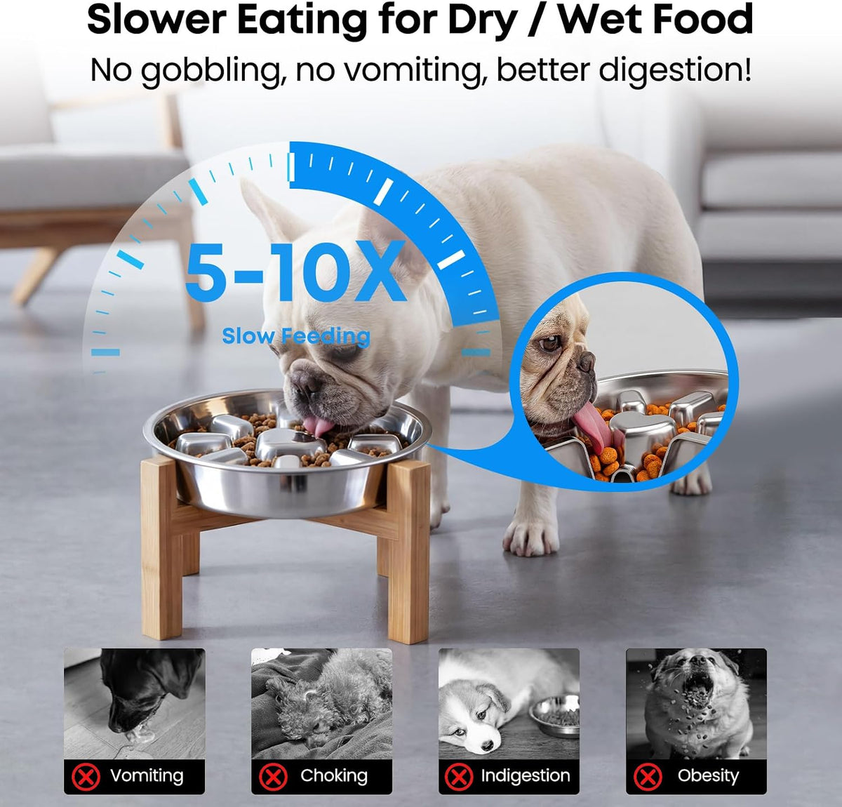 seredremor elevated 2 cup stainless steel slow feeder dog bowl on bamboo stand - view 2