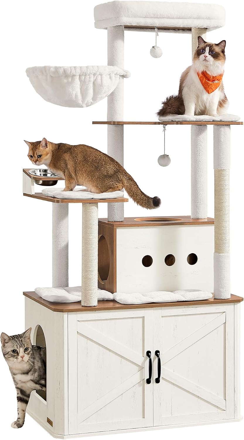 Feandrea Cat Tree, 66.9-Inch Cat Tower with Litter Box Enclosure – Essentials for Cats - Rustic White + Honey Brown