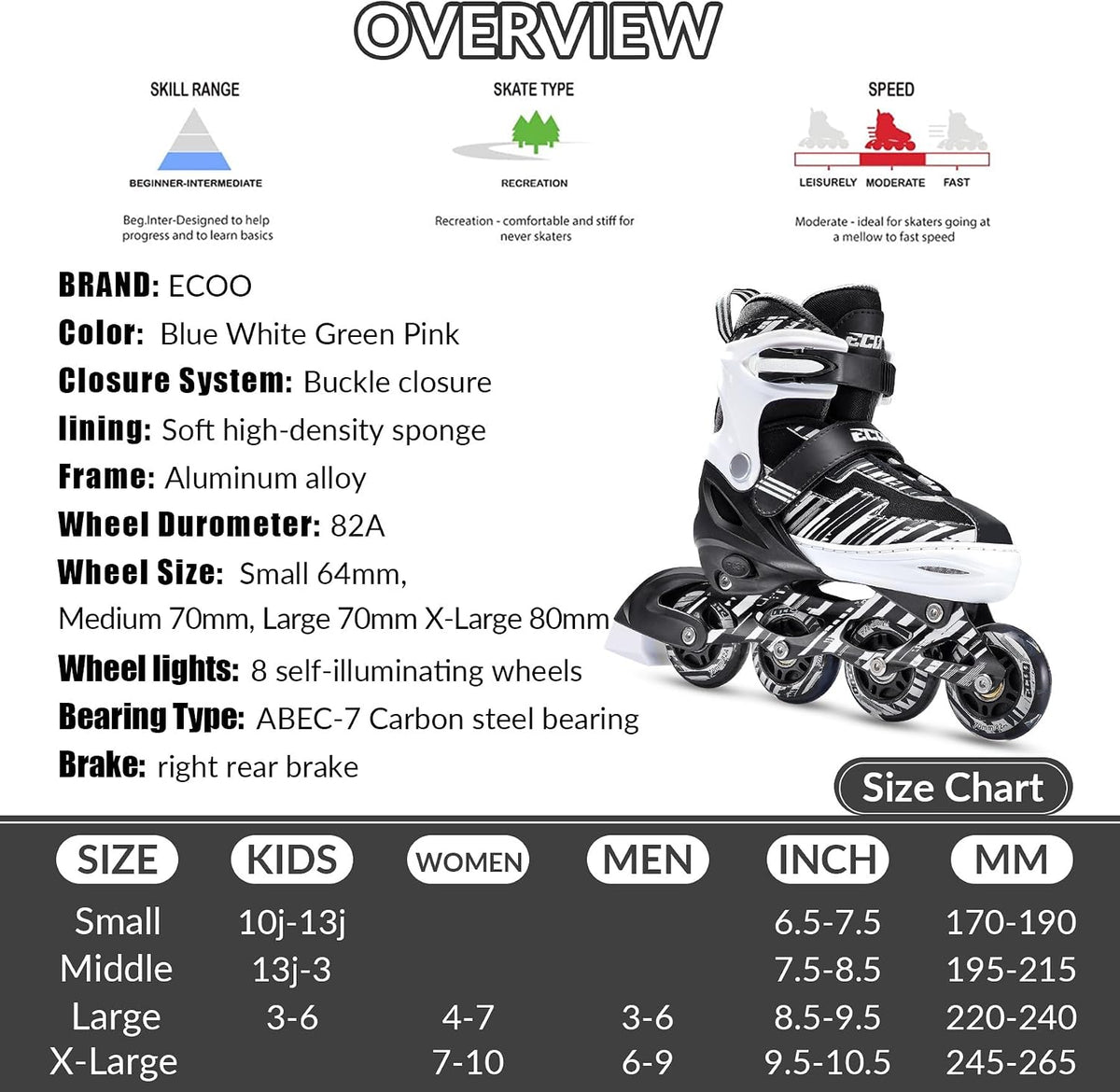 Adjustable Inline Skates for Kids Ages 4-12 – Fun for Kids & Family - White / Medium-Big Kids（13j-3 US） - image 4