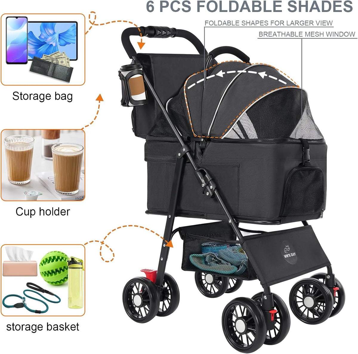 3 in 1 Pet Dog Stroller for Small Medium Dogs 10-50 lbs - Black - image 4