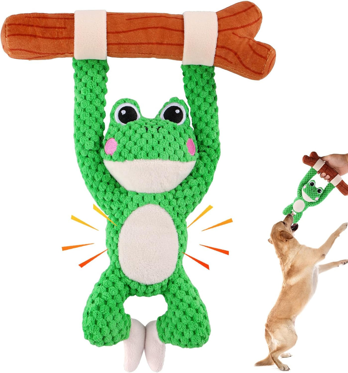 Squeaky Dog Toys for Large Dogs, Tough Tug of War Puppy Toy - Green Brown / Frog