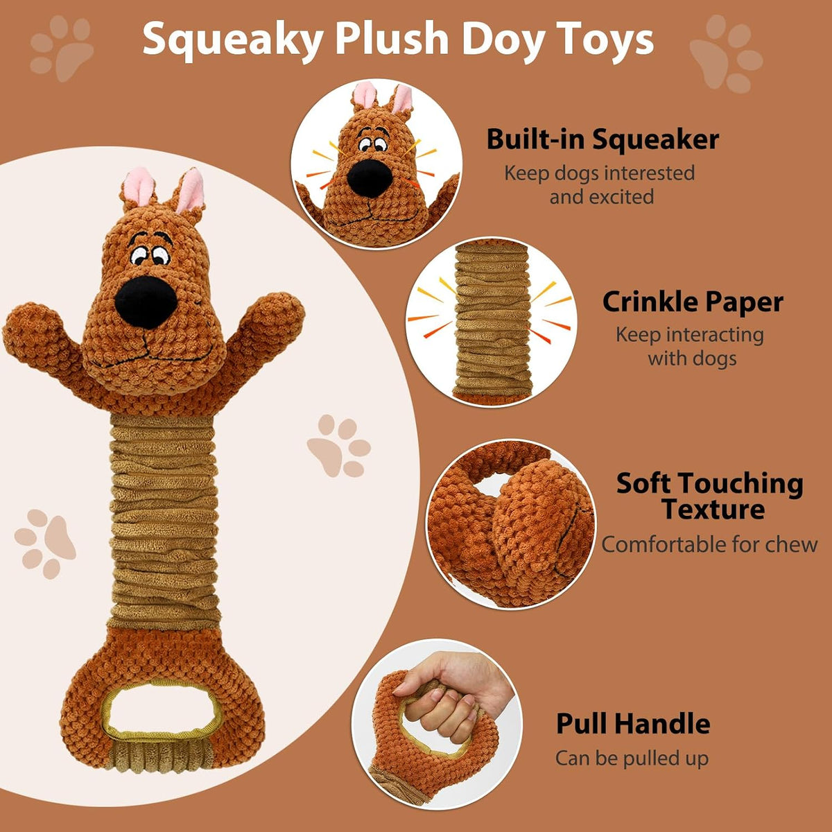 Squeaky Dog Toys for Large Dogs, Tough Tug of War Puppy Toy - Brown -1 / Dog - image 2