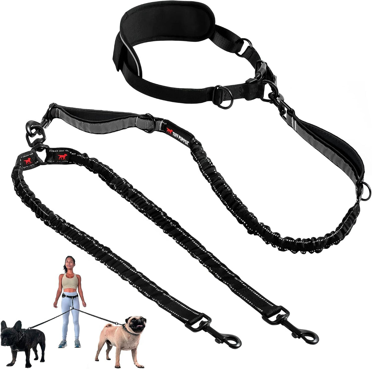 Tuff Pupper Heavy Duty Hands Free Bungee Dog Leash - Two Small/Medium Dogs (20-45 pounds each)