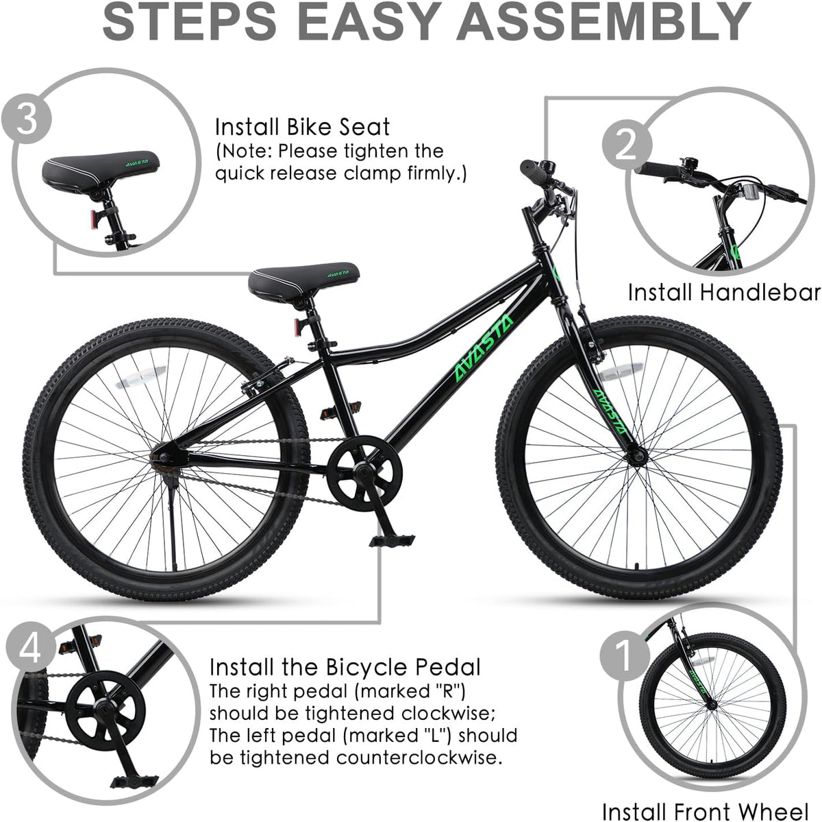 AVASTA Bilbo 18 20 24 Inch Kids Bike for Boys Girls Youth 5-14 Years - Black / 24 Inch with Kickstand - image 3