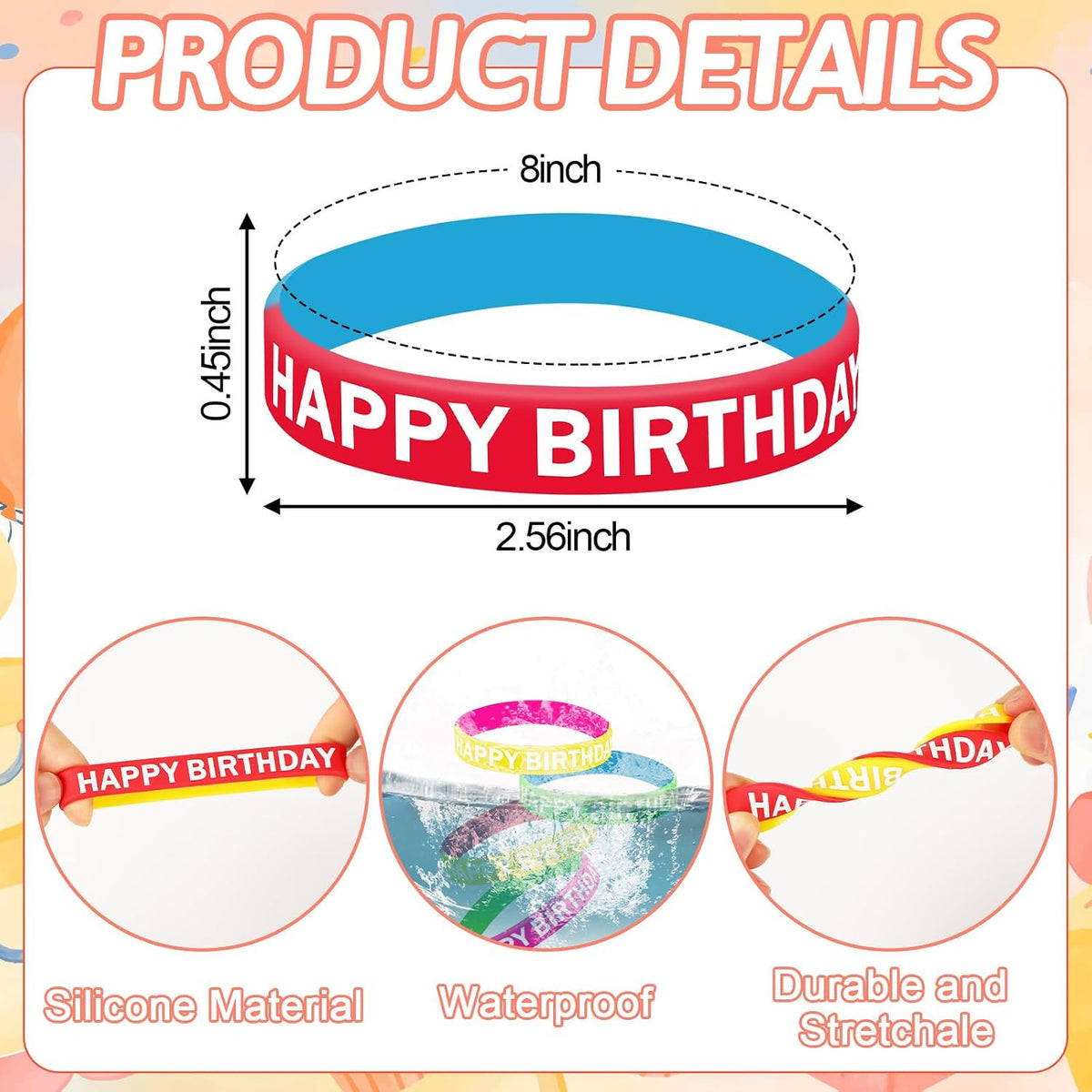 JUNEBRUSHS 64pcs Halloween Party Favors Silicone Bracelets Rubber - Happy Birthday Style - image 2