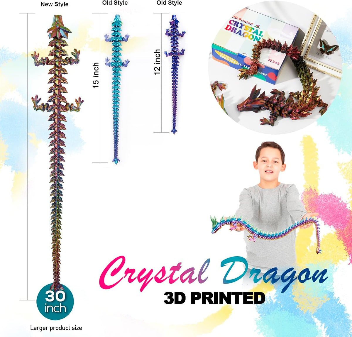 24" Large 3D Printed Dragon - Gold Red Blue / 30 inch - image 2