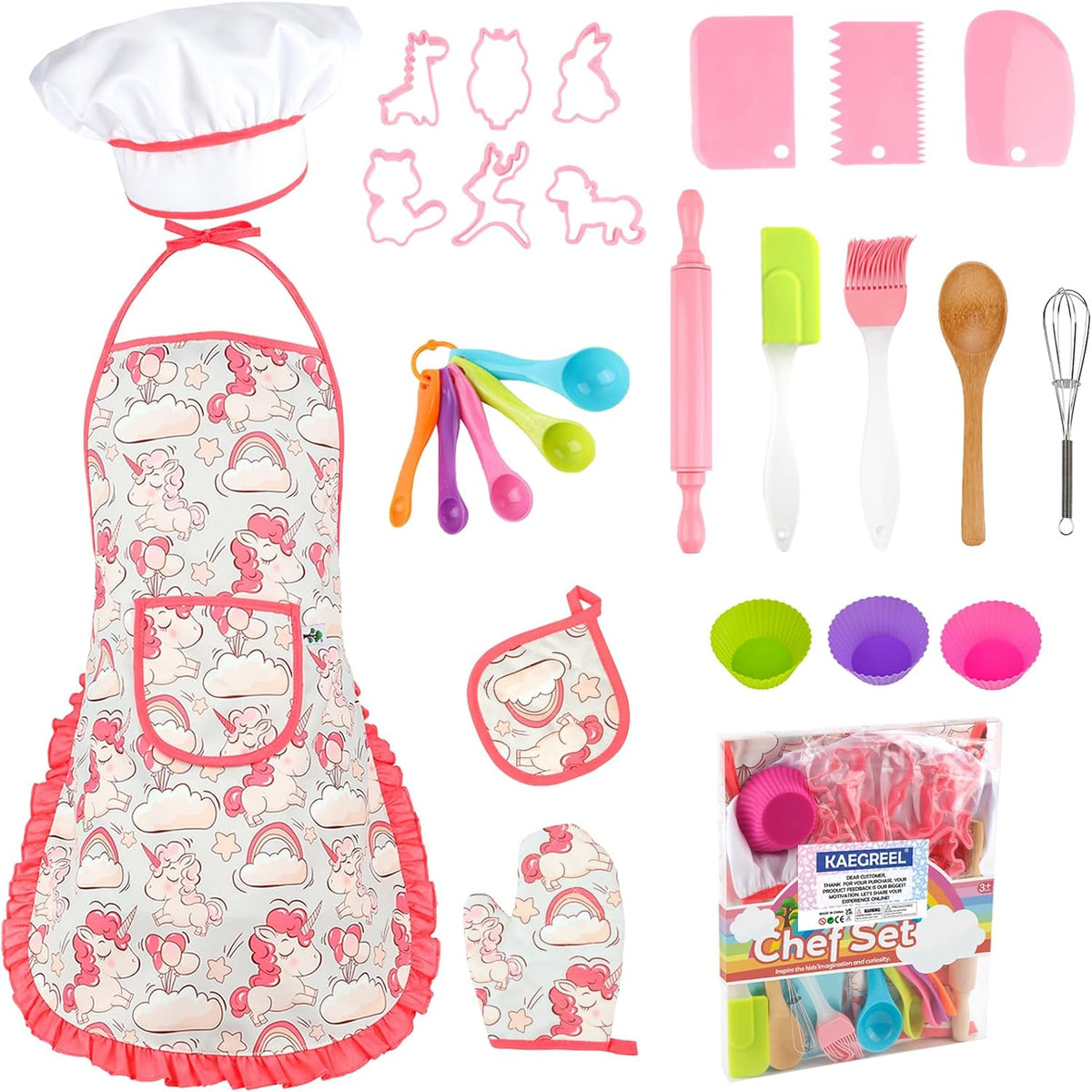 KAEGREEL Kids Baking Chef Set with Unicorn Apron and Mitt - Pink Unicorn Apron +6 Animal Model Cookie Cutters