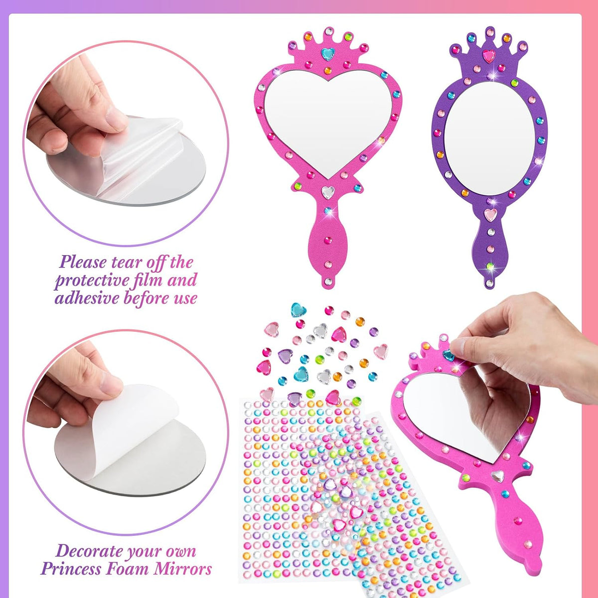 Geetery unbreakable kids mirror craft kit, 20 heart and oval foam princess mirrors in pink, blue and - view 19