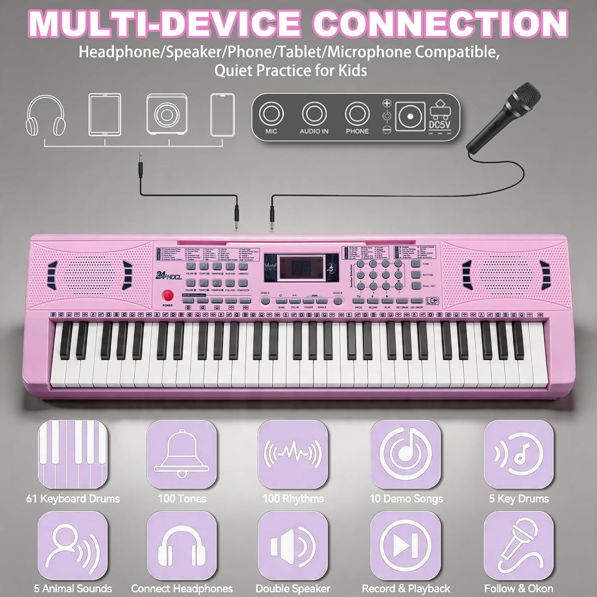 Kids Keyboard Piano, 61 Key Electronic Piano – Fun for Kids & Family - Pink - image 3