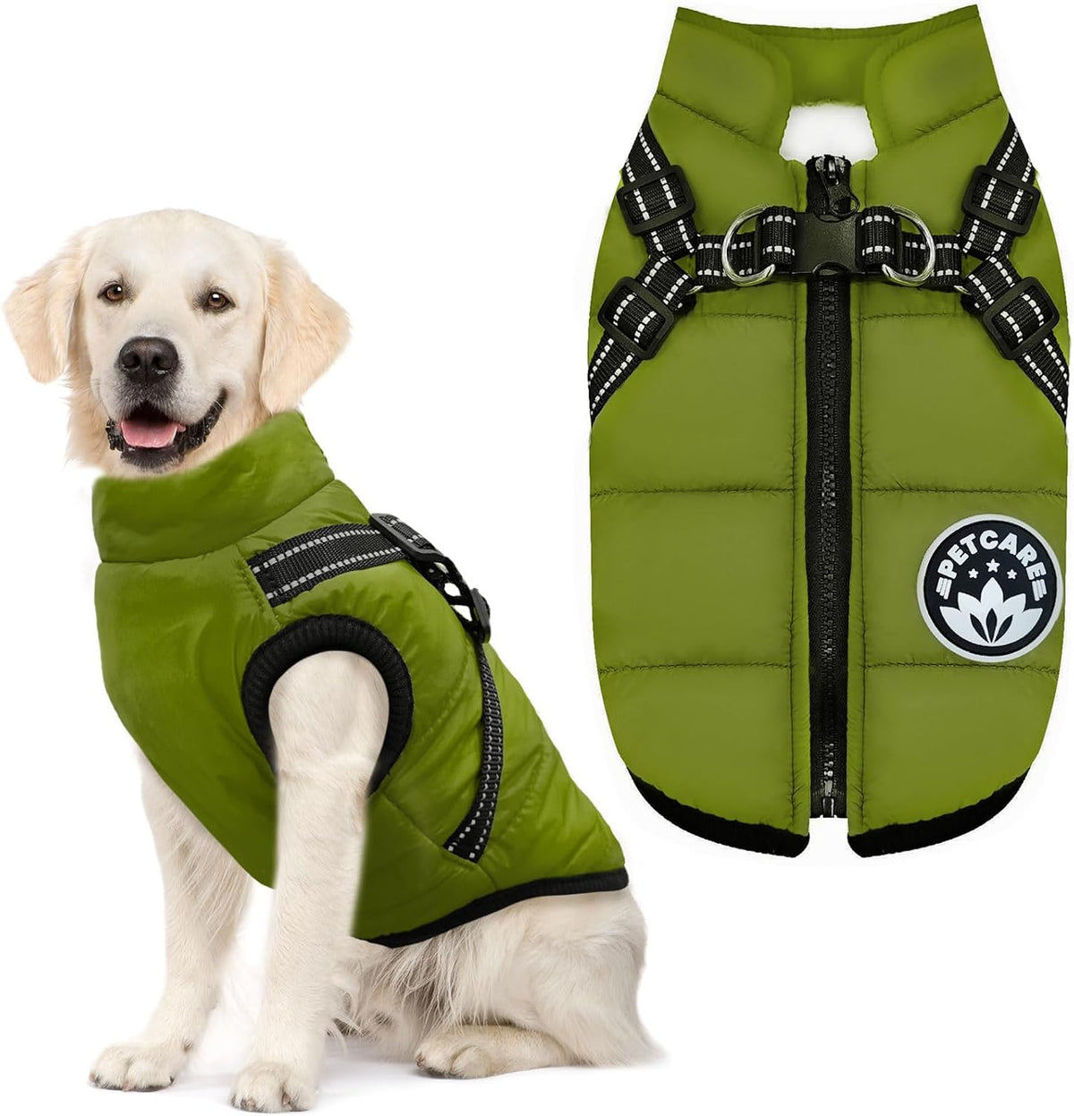 Winter Dog Coat with Harness Built in Waterproof Dog Jackets Warm Pet - Green / 4XL(Suggest 30-45 lbs)