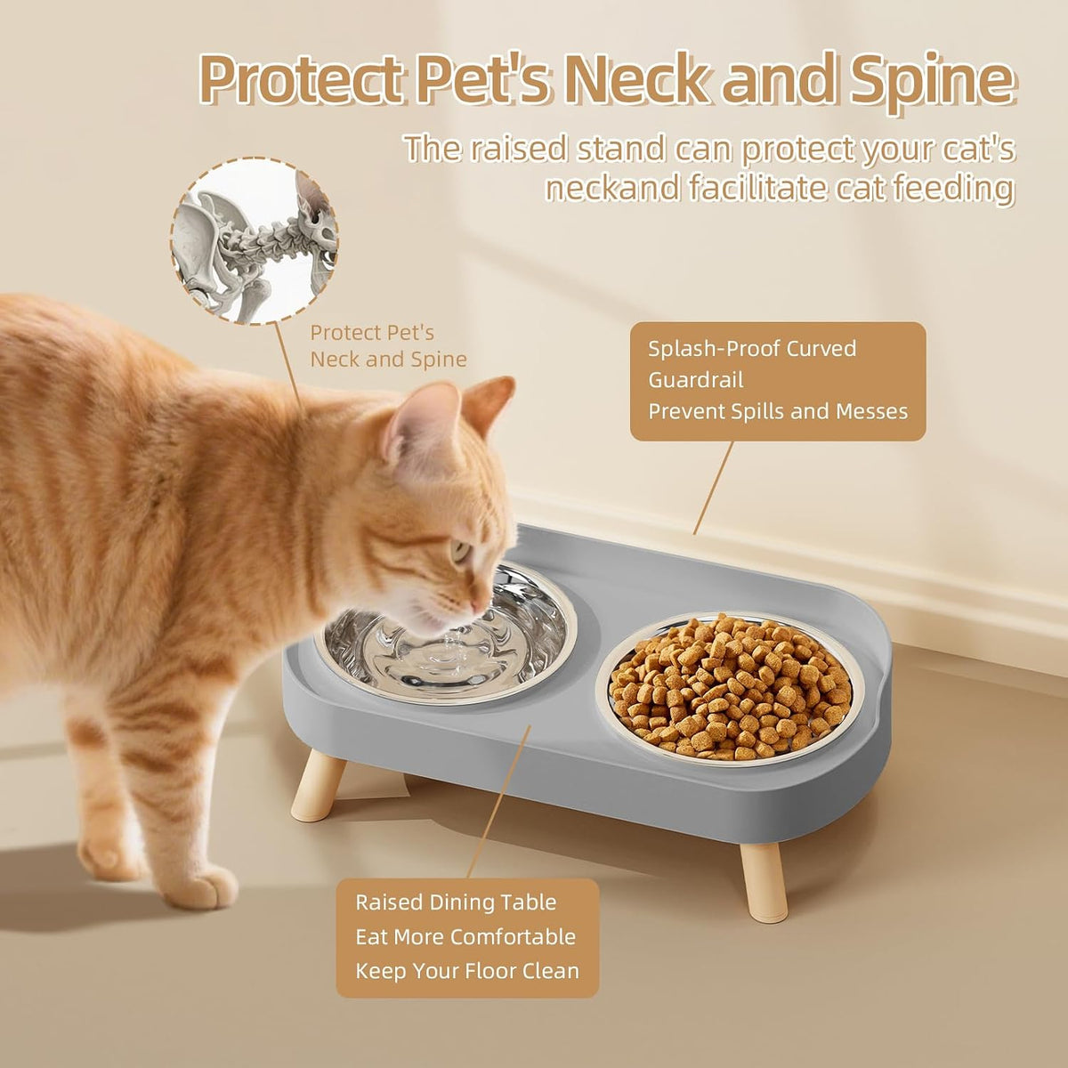 Elevated Cat Bowl, Raised Cat Food and Water Bowl Set for Indoor Cats, Splash Proof with 2 - Cat Bowls-Grey - image 3