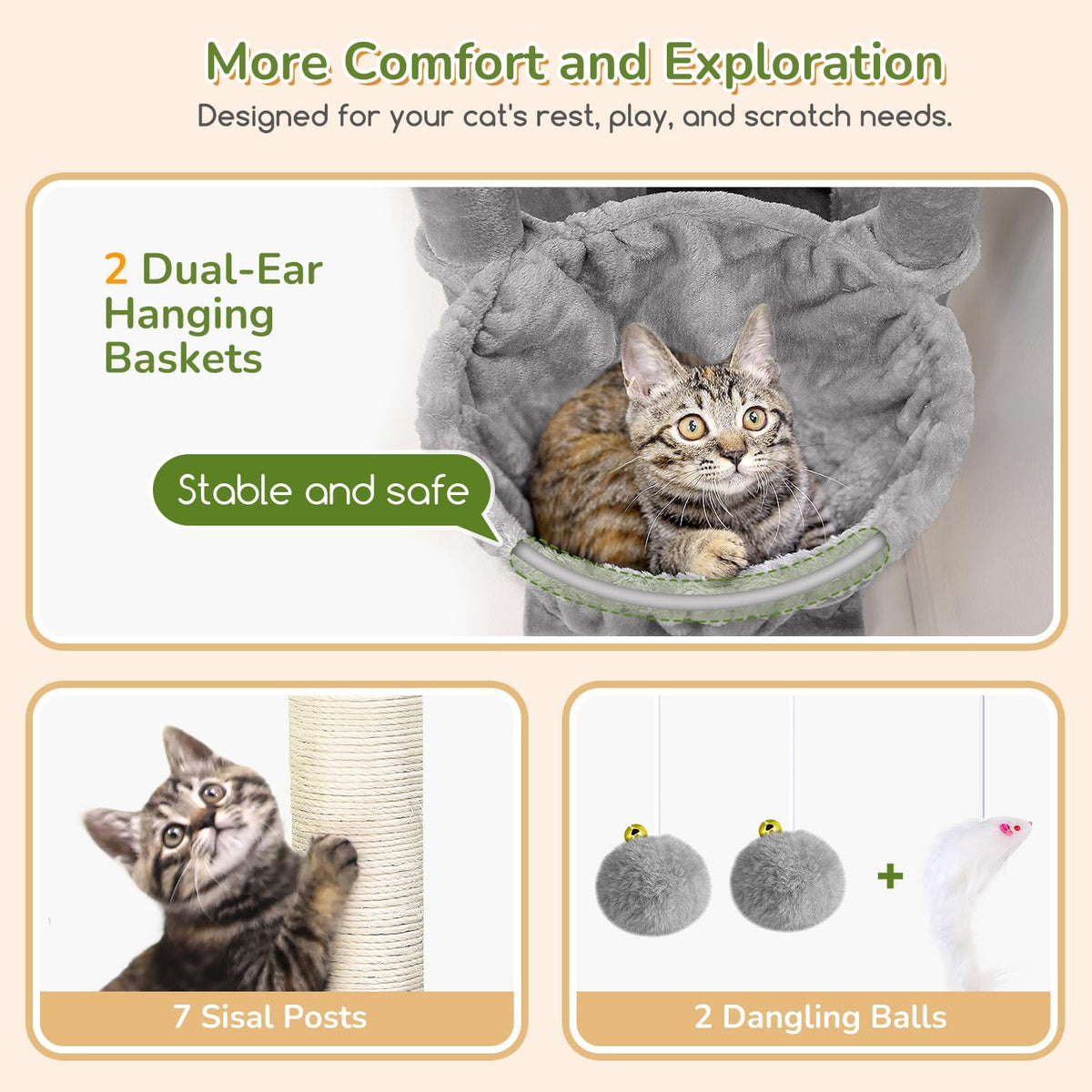 Globlazer 74in Heavy Duty Cat Tree Tower for Indoor Cats Large Adult - Light Gray / 74inch - image 4