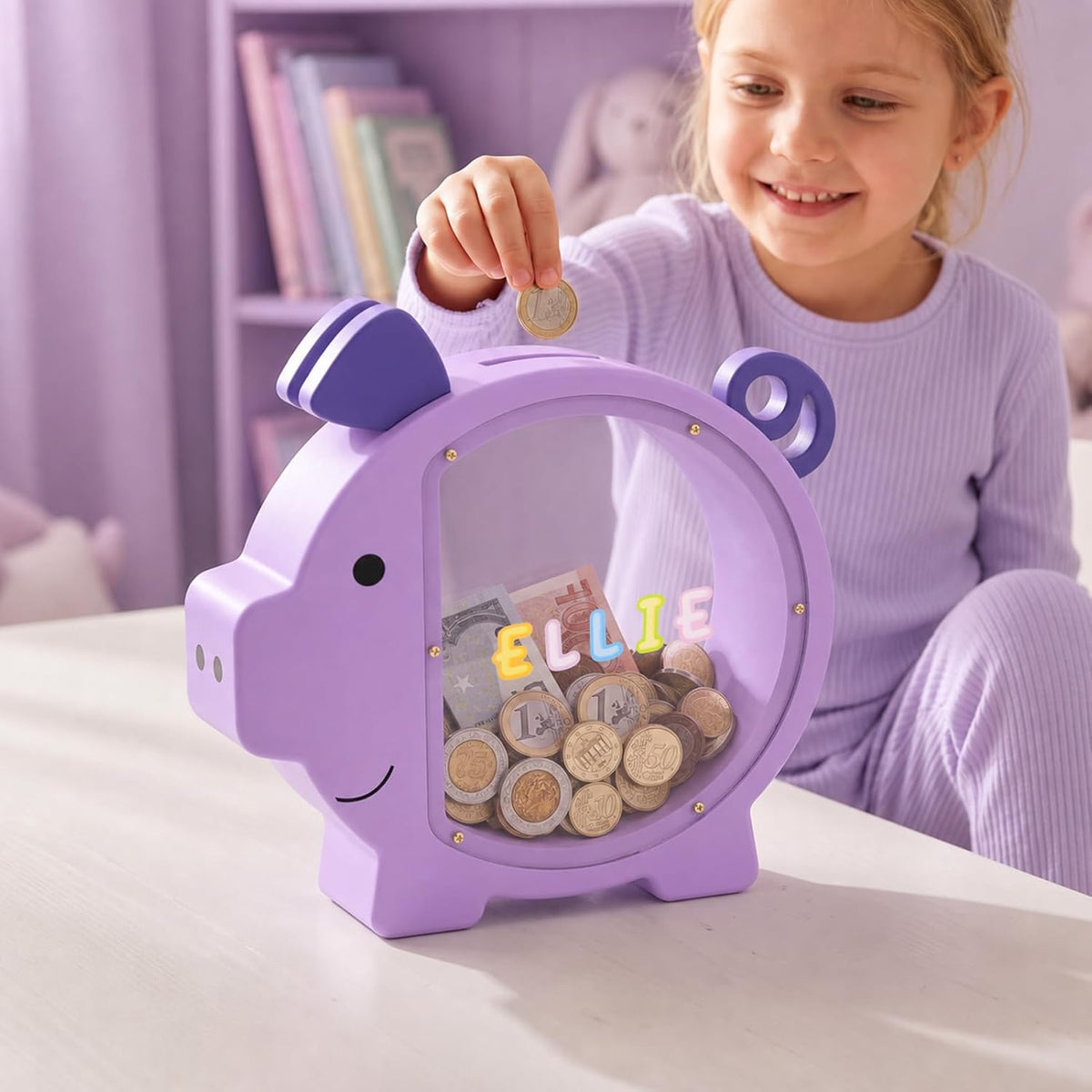 KMC wooden piggy bank for kids with clear acrylic front panel in pink - view 3