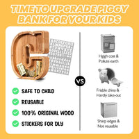 KMC wooden letter piggy bank, oak initial coin bank with clear plexiglass front - view 25