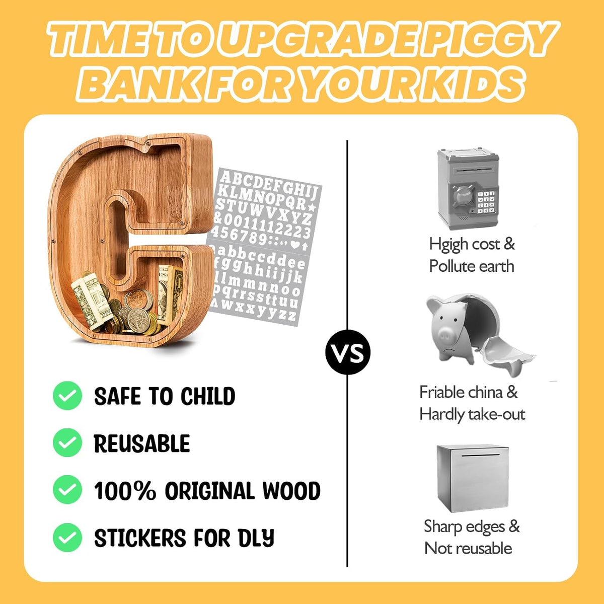 KMC wooden letter piggy bank, oak initial coin bank with clear plexiglass front - view 25