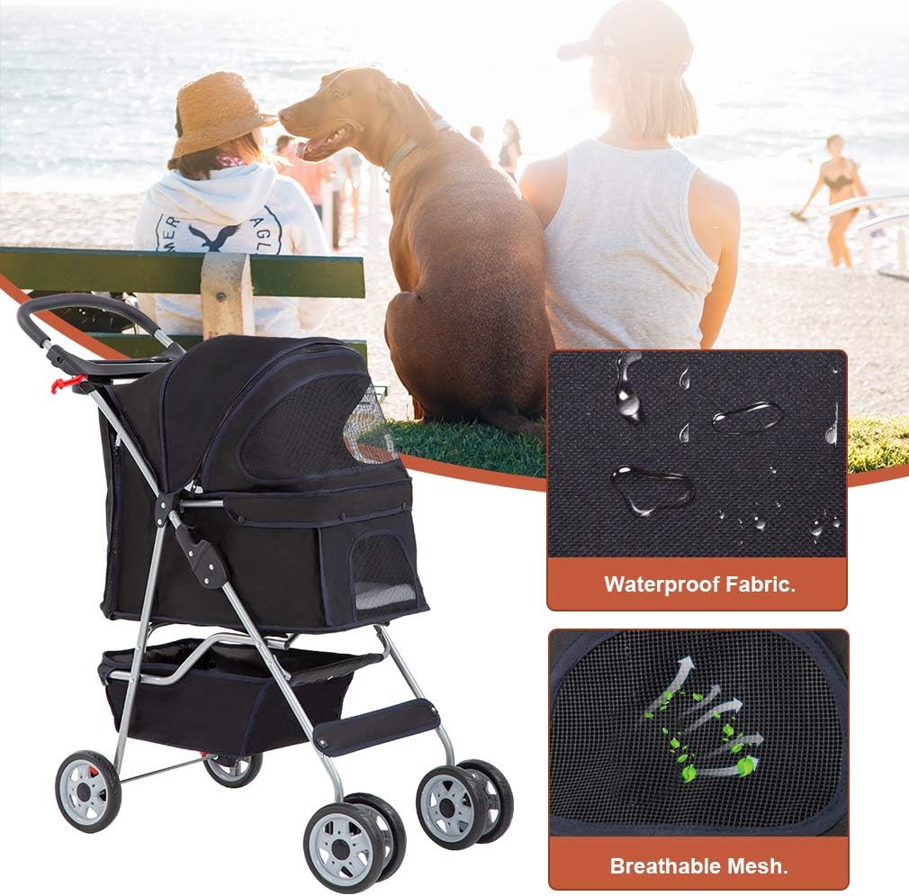 BestPet, 4-Wheel Foldable Pet Stroller, Lightweight & Portable - Black / 4 Wheels - image 4